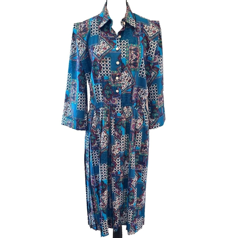 Vintage Schrader Petite Dress Womens 14 Paisley Patchwork Shirtwaist Midi 80s